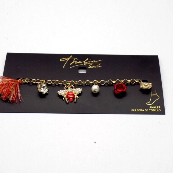 Thalia Sodi Anklet Faux Pearl Bee Red Flower Gold-tone Crystals 9" +1.5" ext. - Picture 5 of 5